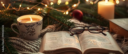 Wallpaper Mural A cozy winter scene with an open book, glasses on the table, and a coffee cup. Torontodigital.ca