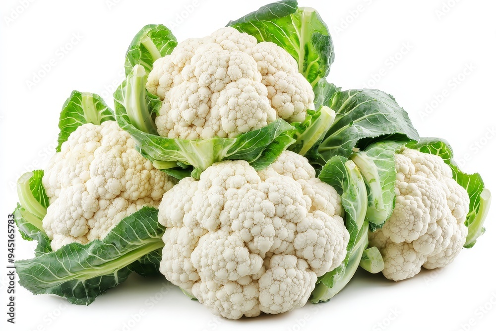 A cluster of fresh cauliflower heads surrounded by green leaves. A cluster of fresh cauliflower heads surrounded by green leaves.