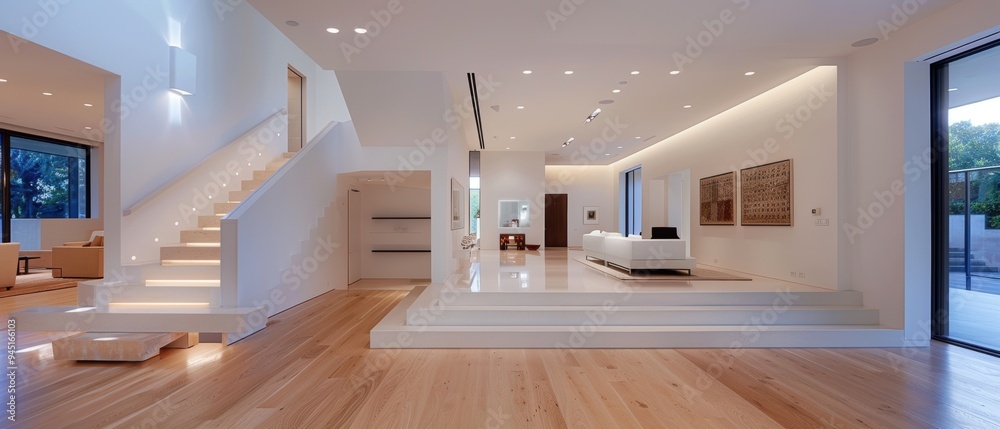 Serene Minimalist Hallway with Single Bench and White Walls Serene Minimalist Hallway with Single Bench and White Walls