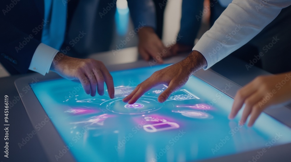 A group of business people working together on an interactive table A group of business people working together on an interactive table