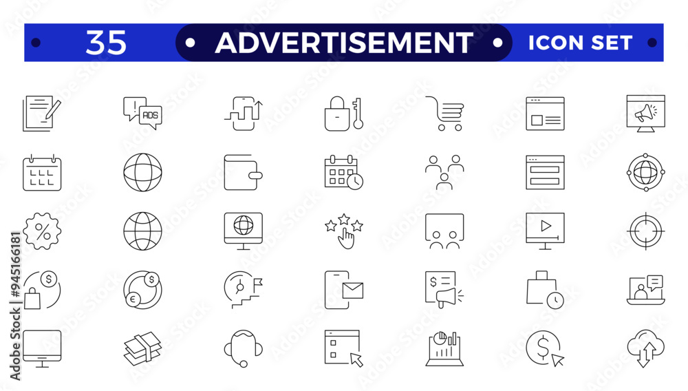 Advertisement Outline icon set with practice, technique, attention, product, service, spotlight, drawing, consumers and promote.