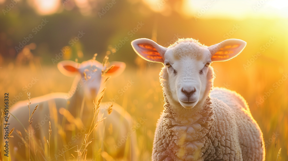 Islamic background, Feast of Sacrifice, sheep look at the camera in the field Islamic background, Feast of Sacrifice, sheep look at the camera in the field