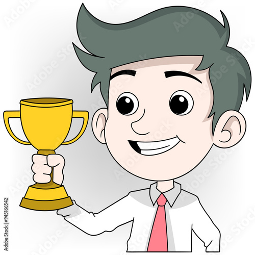 boy gets award trophy as the most profitable exemplary worker