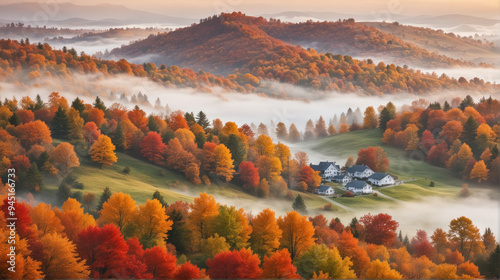 Foggy Autumn Morning with Rolling Hills and Vibrant Fall Foliage photo