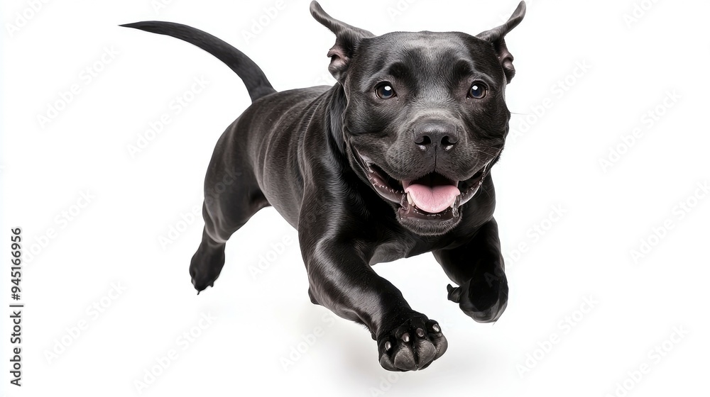 Black dog running mid-air with tongue out and ears perked Black dog running mid-air with tongue out and ears perked