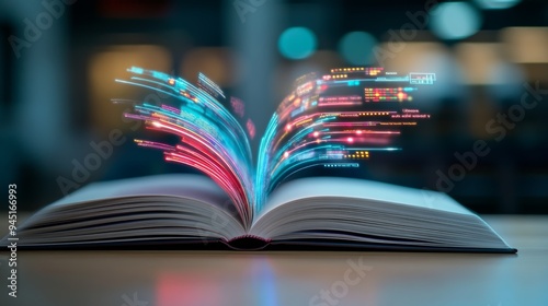 A large open book with its pages transforming into a flow of colorful