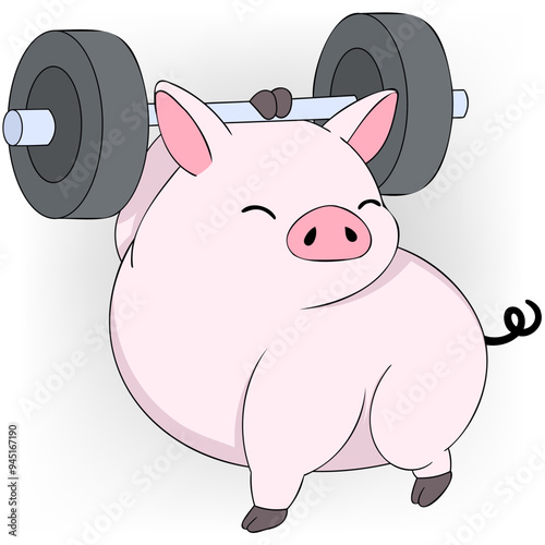 fat pig is working out lifting a barbell with one hand