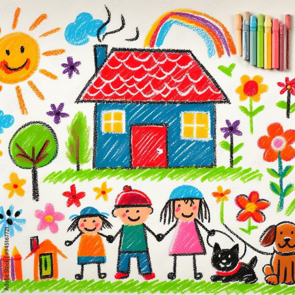 Colorful children's drawing of a happy family, house, and nature scene with crayons on white paper. Ideal for educational and creative use. Colorful children's drawing of a happy family, house, and nature scene with crayons on white paper. Ideal for educational and creative use.
