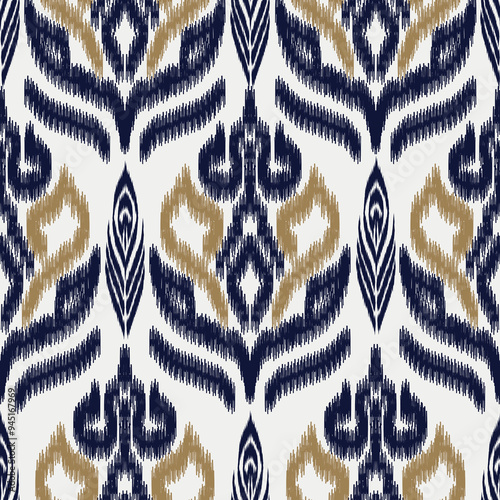 Ikat seamless pattern, geometric design, motif ethnic handmade, Ikat ethnic tribal, boho colors seamless wallpaper. Ethnic Ikat abstract background art, greeting cards, printing products.
