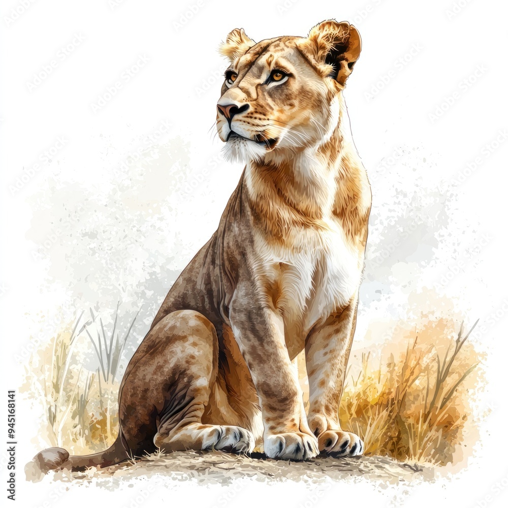 Fototapeta premium A realistic high-resolution photo of a majestic lioness watching over her territory, rendered in watercolor clipart style. The lioness's strong frame and alert posture are depicted with bold