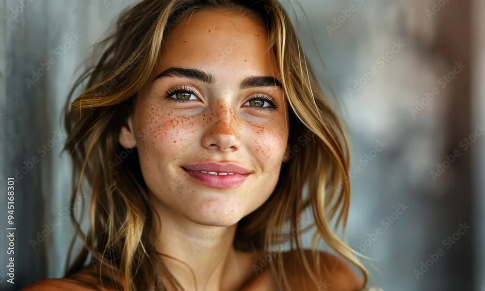 A young woman with stunning features and freckles showcases her charming smile. The warm environment highlights her natural beauty and relaxed demeanor A young woman with stunning features and freckles showcases her charming smile. The warm environment highlights her natural beauty and relaxed demeanor