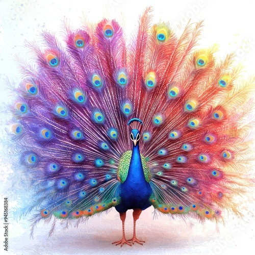 A high-quality realistic photo of a vibrant peacock displaying its feathers, illustrated in a watercolor clipart style. The peacock's tail feathers are fanned out, showcasing a spectrum of bright