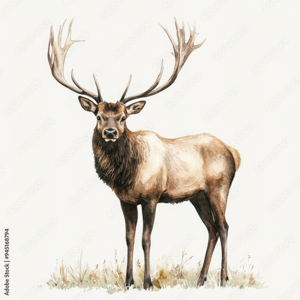 Fototapeta premium A high-quality photo of a regal elk standing proudly, depicted in watercolor clipart style. The elk's large antlers and muscular build are illustrated with soft, natural tones, capturing its majestic