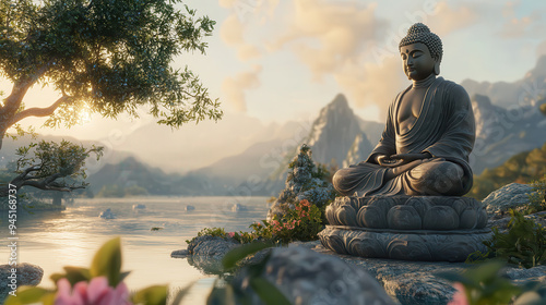 budha statue tranquil peaceful meditation beautiful scenery background photo