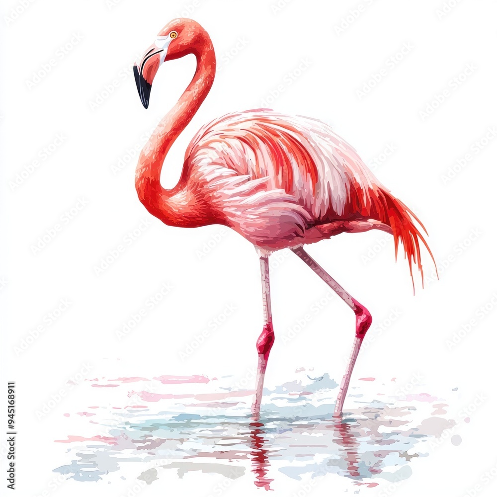 Obraz premium A realistic high-resolution photo of a graceful flamingo standing in shallow water, rendered in watercolor clipart style. The flamingo's long legs and vibrant pink feathers are depicted with soft