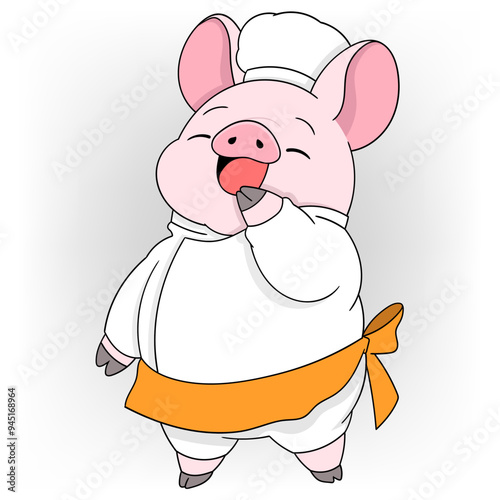 pig wearing chef clothes promoting delicious food