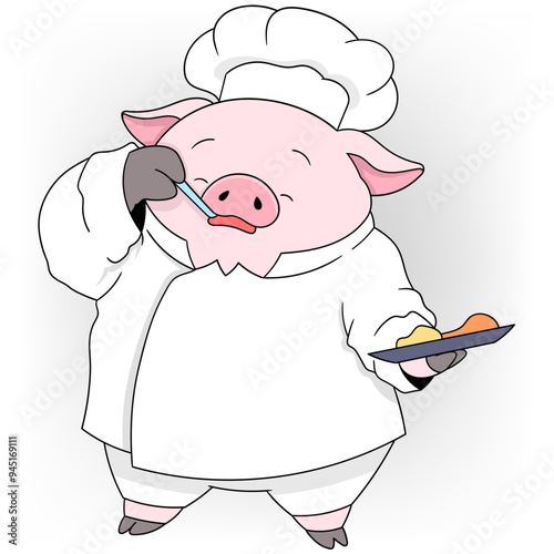 pig wearing chef clothes promoting delicious food