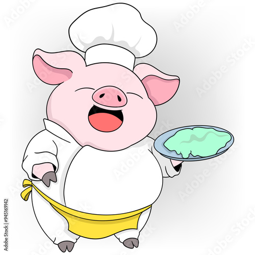 pig wearing chef clothes promoting delicious food