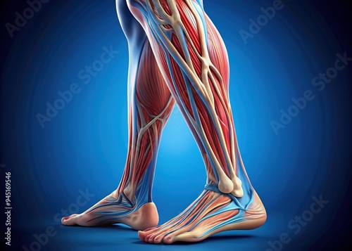 Close-up of a human leg with the great saphenous vein prominently visible, running from the ankle to the femoral triangle, surrounded by skin and muscle tissue.