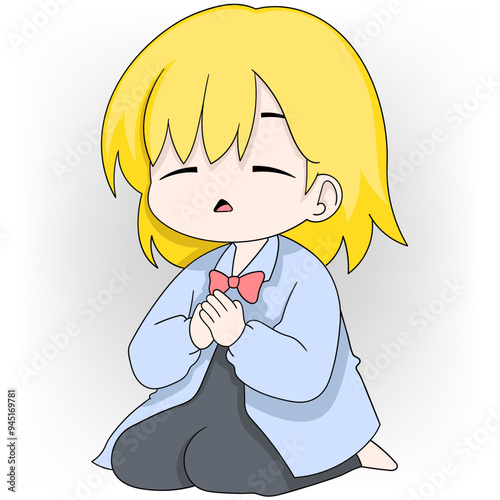 young woman sitting with a praying gesture to get a job with a high salary