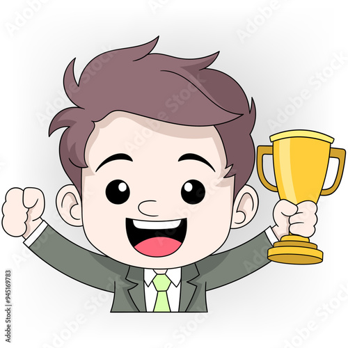 young man achieves financial goal and is happy to get the winners trophy