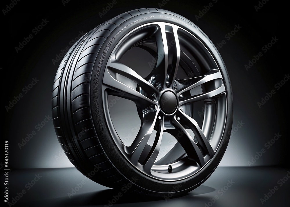 Fototapeta premium Close-up of a sleek, high-performance car wheel featuring a black alloy rim, low-profile tire, and intricate lug nut details, set against a dark background.