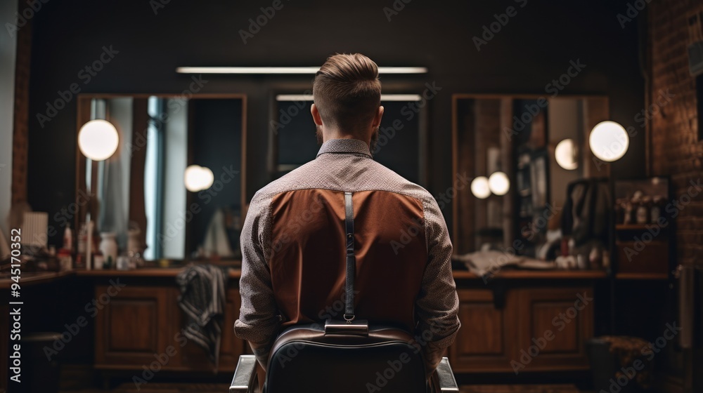 Back view of man sitting in barbershop chair. Neural network ai generated art Back view of man sitting in barbershop chair. Neural network ai generated art