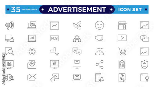 Advertisement Outline icon set with practice, technique, attention, product, service, spotlight, drawing, consumers, and promotion.  Editable stroke outline icon. 