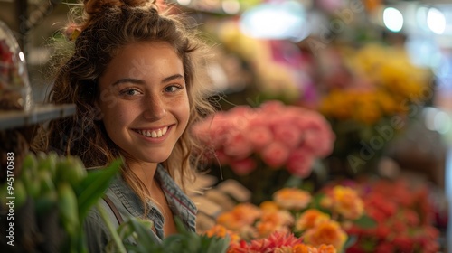 A cheerful cashier ringing up groceries at a busy supermarket, smiling at the customers while scanning items