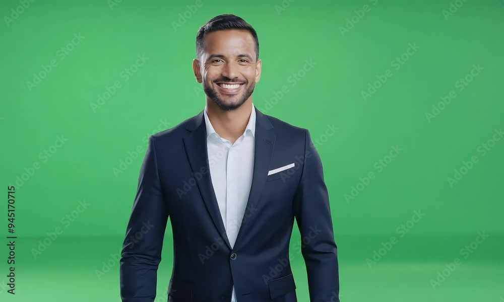 Confident Professional in Business Attire Smiles on Green Screen Confident Professional in Business Attire Smiles on Green Screen