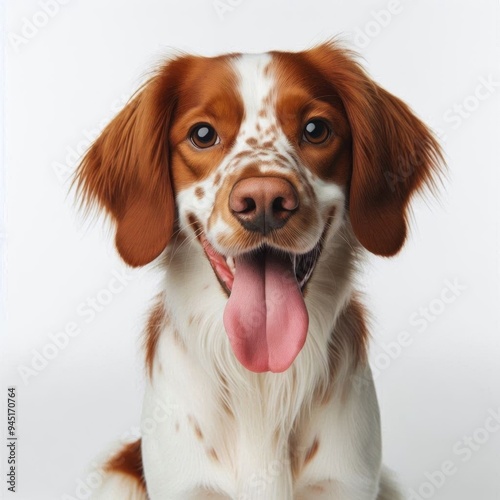 A Brittany Spaniel dog sits against a white backdrop. Generated by AI.