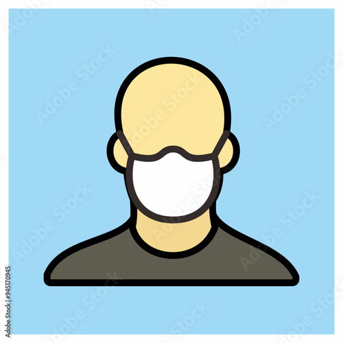 Illustration of a person wear the dust mask for respiratory protection. Personal protective equipment usage symbol. Isolated with thick outline of icon.