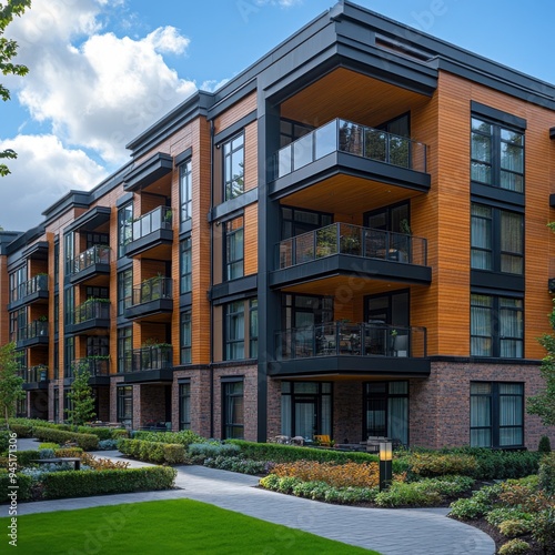 Modern apartment building complex, featuring clean lines and ample copy space 