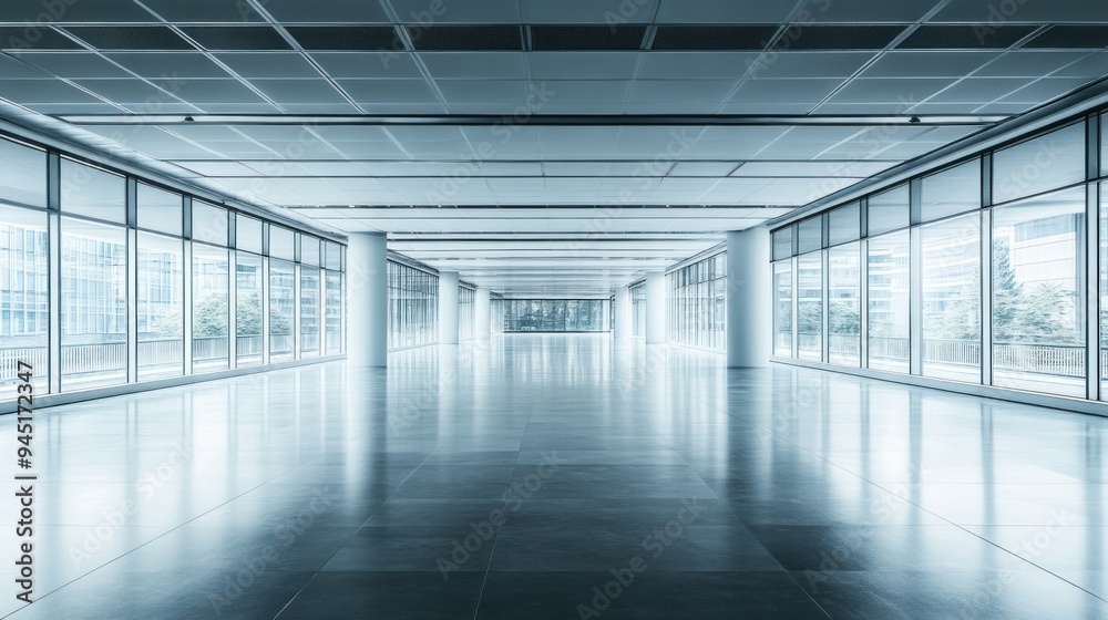 Empty Office Hallway with Glass Walls and Bright Lighting