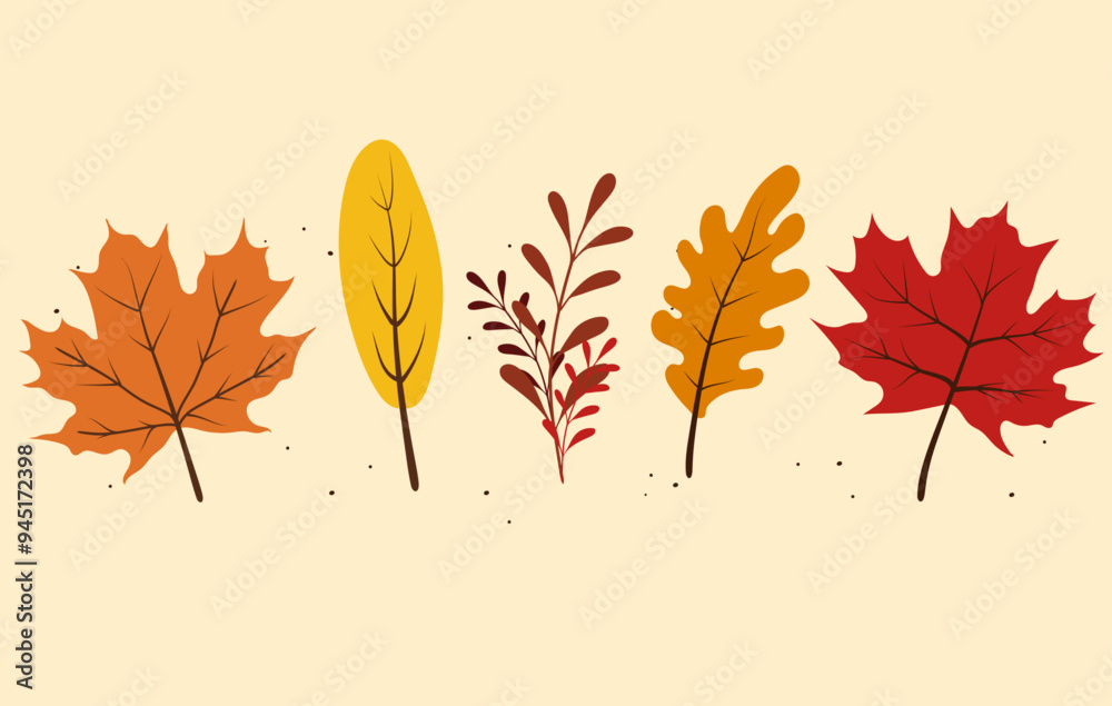 Fototapeta premium Vector illustrations of autumn cartoon leaf objects: Design elements for Thanksgiving Day, autumnal season, event