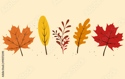 Vector illustrations of autumn cartoon leaf objects: Design elements for Thanksgiving Day, autumnal season, event