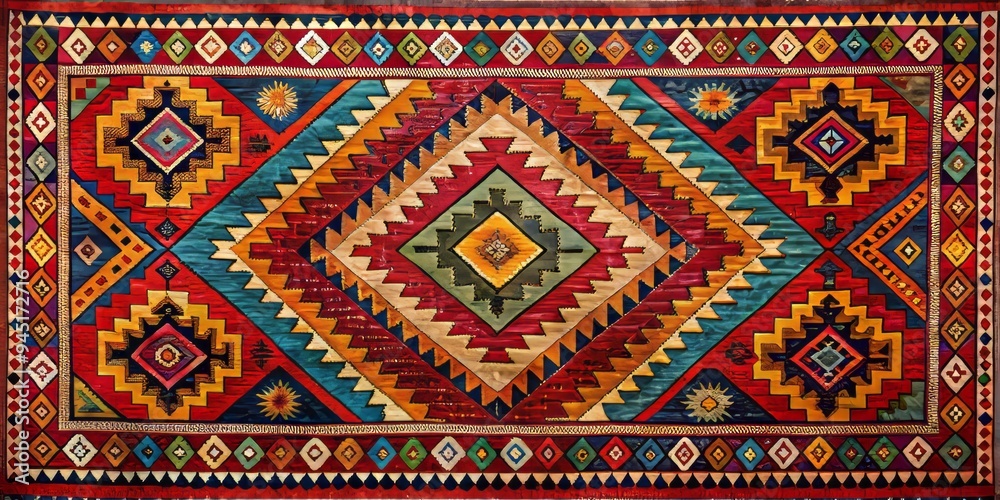 a photo image of a rug with a colorful Aztec pattern a photo image of a rug with a colorful Aztec pattern