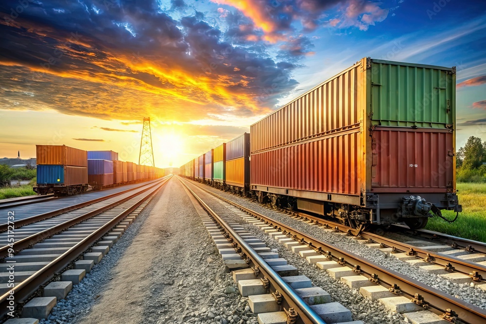 Delicate balance of cargo containers on freight train rails Delicate balance of cargo containers on freight train rails