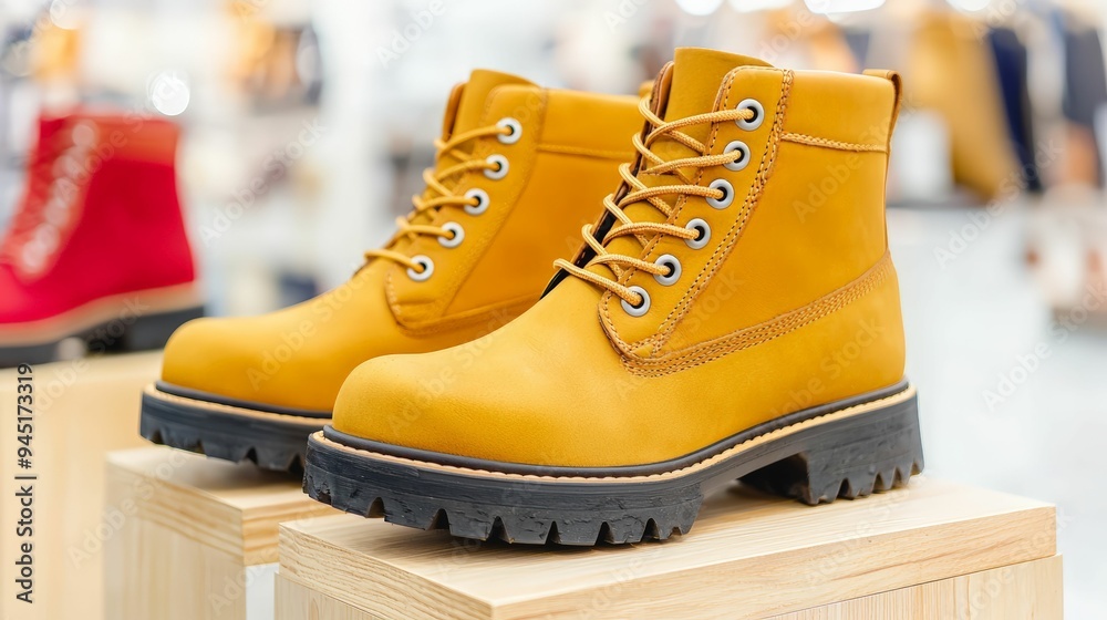 Close-up of bright yellow leather work boots featuring thick black soles, neatly displayed on wooden stands in a retail store.