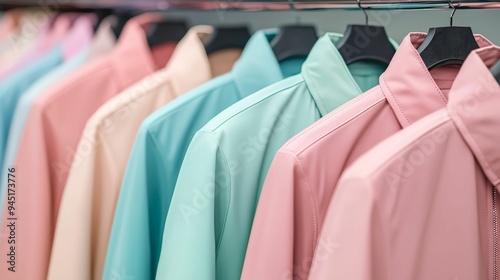 A variety of pastel-colored jackets neatly arranged on black hangers, highlighting a stylish and colorful collection of outerwear. photo