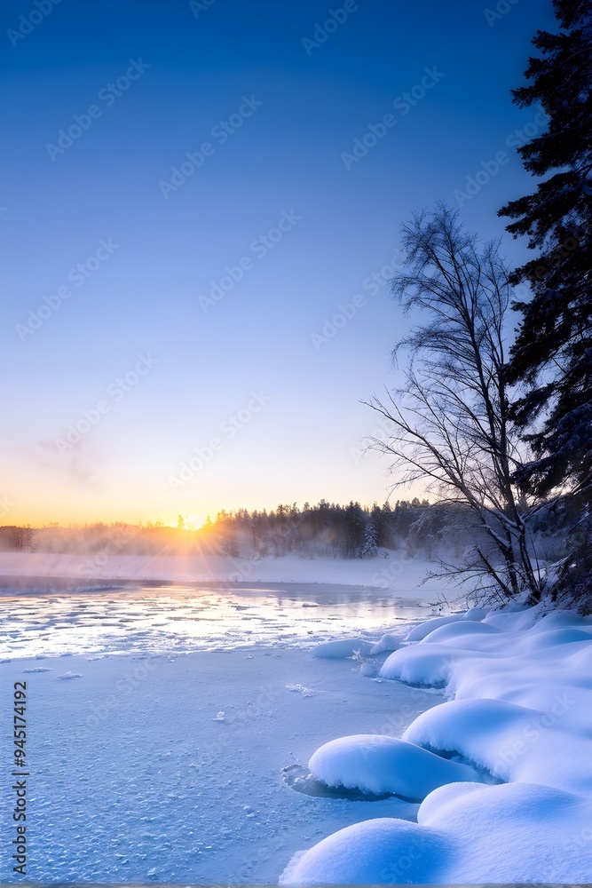 serene winter landscape at sunrise with snow-covered trees and a frozen lake