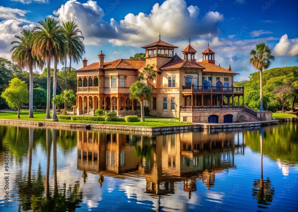 a photo image of a majestic Victorian-style mansion with intricate wooden details, overlooking a serene lake in Sarasota's Ringling Museum grounds a photo image of a majestic Victorian-style mansion with intricate wooden details, overlooking a serene lake in Sarasota's Ringling Museum grounds