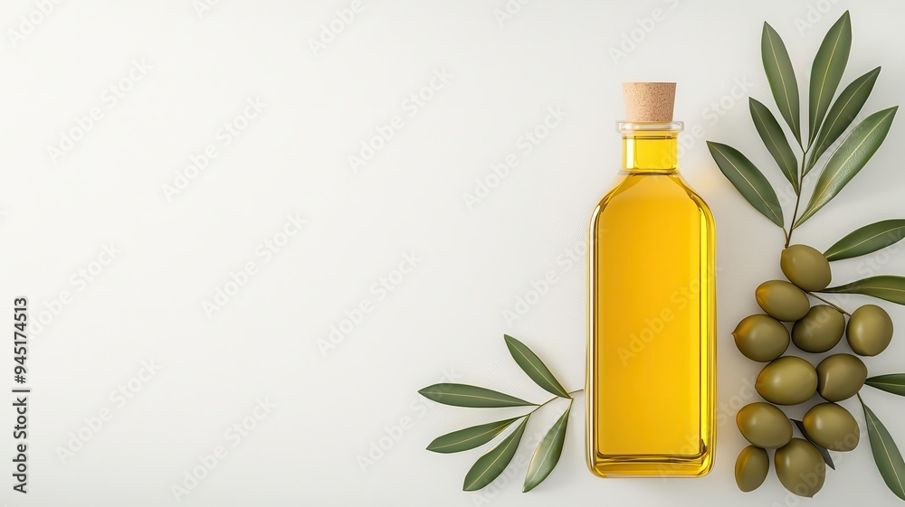 Organic olive oil bottle, with fresh olives and leaves, 3D illustration Organic olive oil bottle, with fresh olives and leaves, 3D illustration