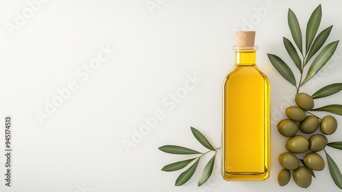 Organic olive oil bottle, with fresh olives and leaves, 3D illustration