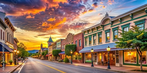 Fototapeta Naklejka Na Ścianę i Meble -  Dreamy, golden-hour landscape of a small town's main street, lined with quaint, pastel-hued shops and restaurants, radiating warmth, coziness, and small-town America charm.