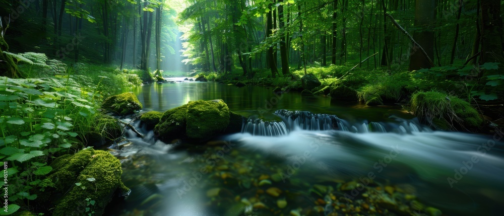 Serene Tranquility: Stunning Capture of a Calm River Winding Through Lush Forest Bathed in Sunlight