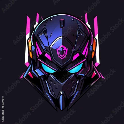 Black futuristic helmet with pink and blue accents. Suitable for scifi, technology, gaming, and futuristic design projects, mascot, logo design eSports photo