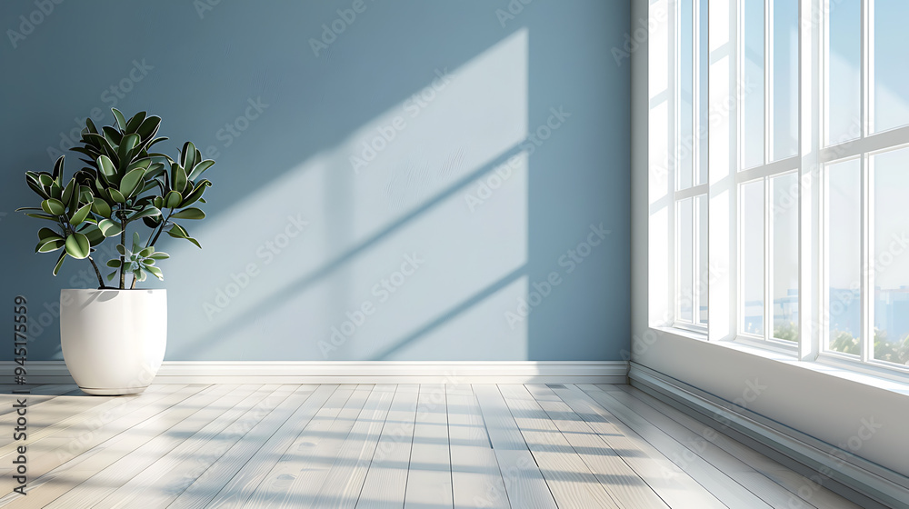 A minimalistic room with a single potted plant, a blue wall, and a window with natural light shining through. A minimalistic room with a single potted plant, a blue wall, and a window with natural light shining through.