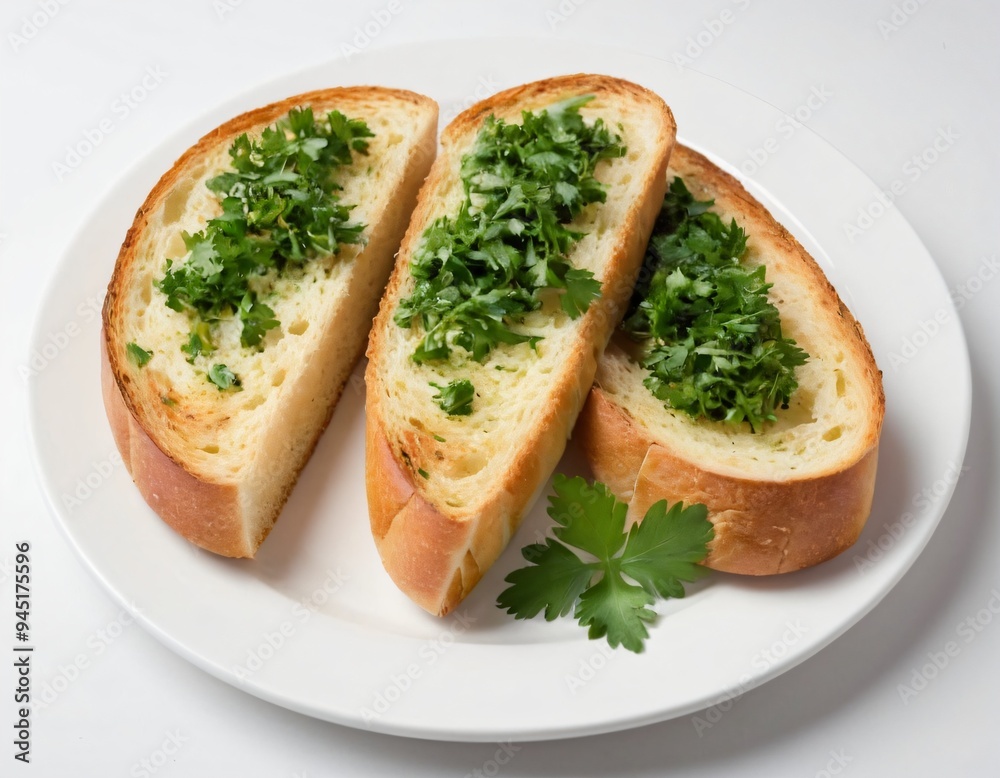 Three slices of garlic bread with fresh parsley on a white ceramic plate isolated on white. Top view. Ai generated images Three slices of garlic bread with fresh parsley on a white ceramic plate isolated on white. Top view. Ai generated images