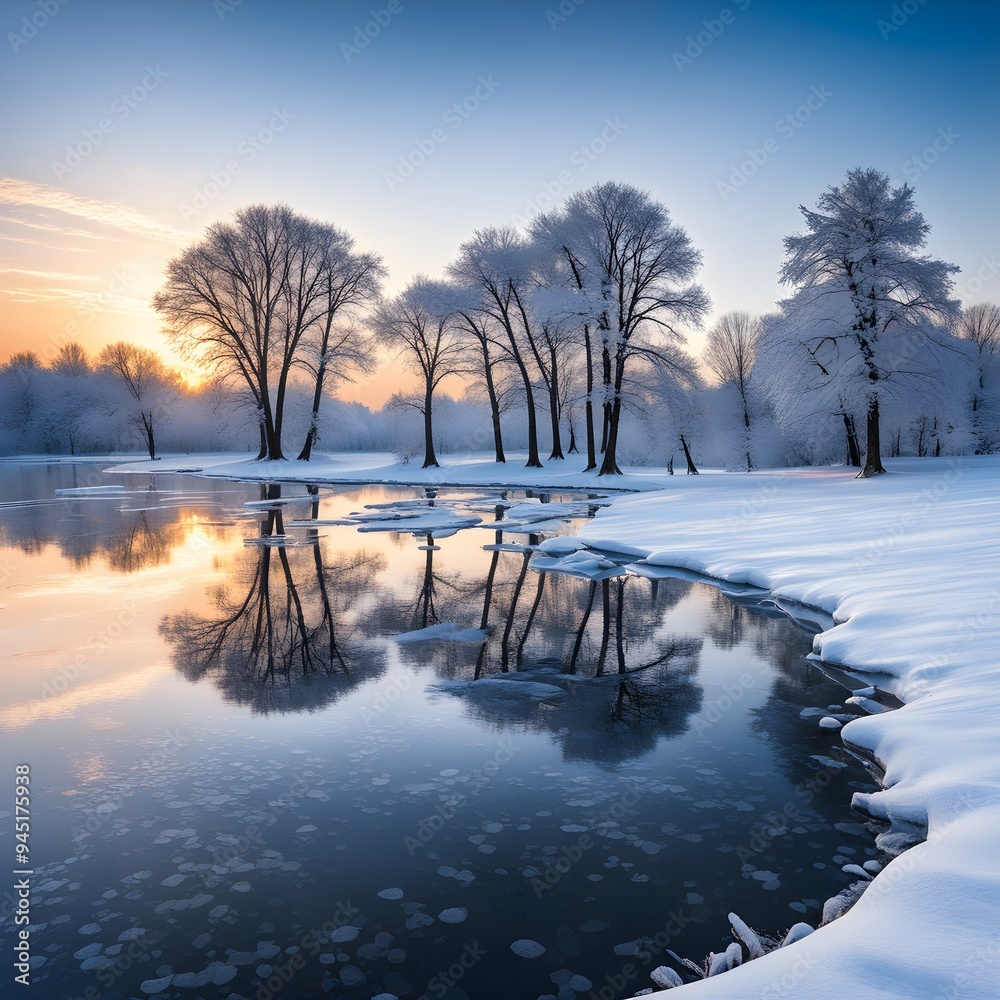 serene winter landscape at sunrise with snow-covered trees and a frozen lake serene winter landscape at sunrise with snow-covered trees and a frozen lake